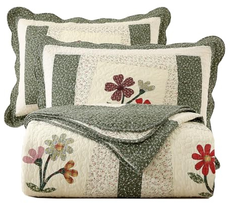 vctops Gestepptes Tagesdecken-Set mit Blumenmuster, 3-teilig, 100% Baumwolle, wendbar, Patchwork, Deckenset 1 Steppdecke und 2 Kissenbezüge (Grün, Queen-Size)