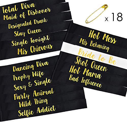 STAY GENT 18 Stück Bride Tribe Schärpen Set 17 Schwarz mit 1 Weiß-Bride Schärpe Junggesellinnenabschied - Team-Braut und Mädchen-Nacht Heraus Favor