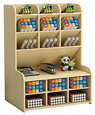 Wooden Desk Organizer, Large Capacity DIY Pen Holder Storage Box Desktop Stationary Storage Rack, Pen Organizer Caddies for Office, Home and School Supplies (B15-White Maple)