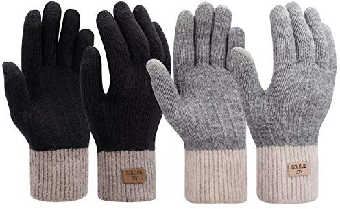 Damen Winter Handschuhe 2 Paar Frauen Warme Touchscreen Baumwolle Kurzer Gestrickte Fäustlinge für Tippen Fahren Schwarz + Grau