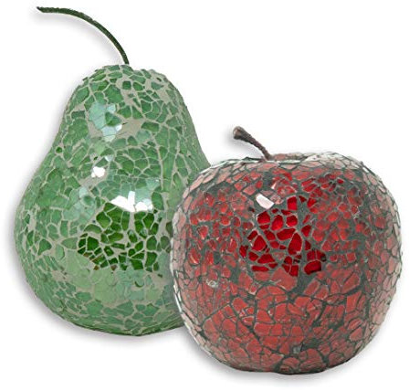 Mosaic Glass Green Pear & Red Apple Set Decorative Fruit Display Piece Gift