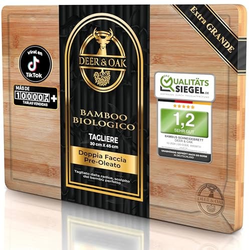 Deer & Oak Extra Large Bamboo Chopping Board 44 x 30 x 2cm, Premium Wood Kitchen Cutting Board for Carving Meat or Vegetables, Pre Oiled, Treated, Lightweight, Non-Porous