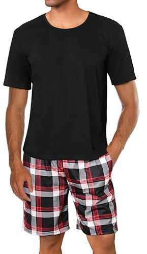 Uniexcosm Schlafanzug Herren Baumwolle Kurz Zweiteiliger Pyjama Set Nachtwäsche Kurzarm Oberteil und Karierte Schlafanzughose Hausanzug Sleepwear A:Schwarz M