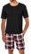 Uniexcosm Schlafanzug Herren Baumwolle Kurz Zweiteiliger Pyjama Set Nachtwäsche Kurzarm Oberteil und Karierte Schlafanzughose Hausanzug Sleepwear A:Schwarz M