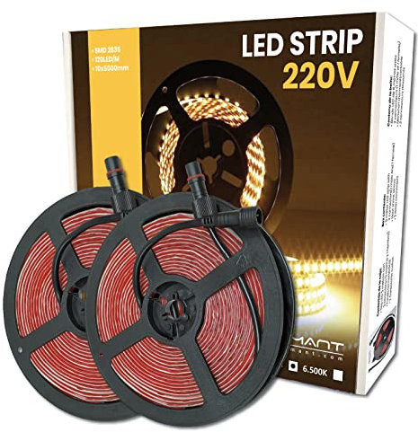 LED ATOMANT Pack 2x Rollo de 5 metros de Tira de Luz LED Directa a 220v, 12W/m, Color Blanco Neutro (4500K), Impermeable (IP65), Corte cada 10cm