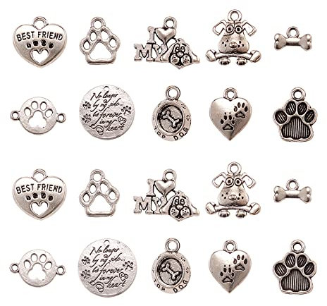 DanLingJewelry 100 Stück 10 Stile Haustier Hunde Charms Mini Dog Tag Charms Hund Pfotenabdruck Charms für Halskette Armband Schmuckherstellung