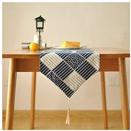 EHOMERY Tischband Apelt, Tischdekoration Blau Weiss Welle Tischläufer Cotton and Linen 30x140CM