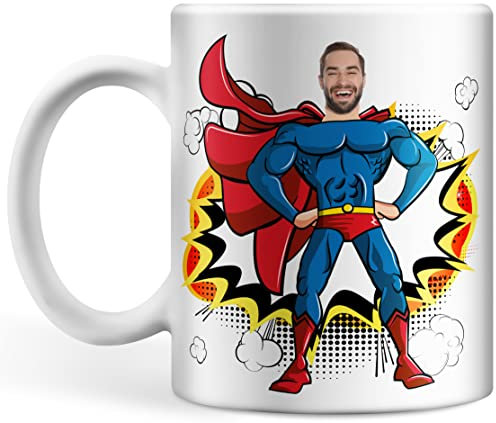 Tasse personalisiert mit Foto und Text, Superhelden Tasse mit Ihrem Wunsch-Gesicht und dreizeiligem Wunschtext