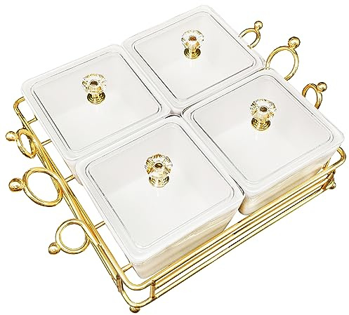 YA JU Bols en céramique avec couvercle doré, 4 petits bols amovibles pour condiments et noix, ensemble de service pour collations, fruits, bonbons et condiments – Idéal pour les fêtes, les cadeaux de