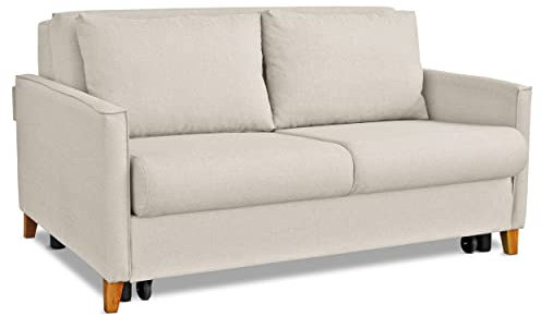 EVERGREENWEB - Divano Letto 2 posti con letto estraibile e spalliera reclinabile, Divano di design Moderno zampe di legno e cuscini in omaggio, Braccioli Slim, Materasso 140x190 - Margot (Beige)