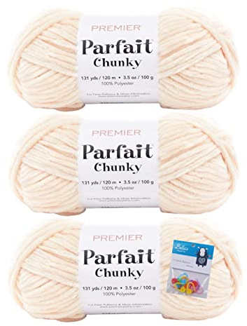 Premier Yarns Parfait Chunky Chenille Yarn 3.5 Oz 6 Super Bulky Weight 3 Pack Bundle with Bella's Crafts Stitch Markers (Shell)