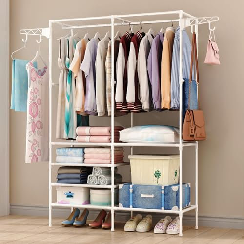 LONENESSL 3-in-1 Kleiderständer mit 2 Ablagen, Kleiderständer mit Schuhablage, Kleiderstange aus Metall,Platzsparender Ständer für Schlafzimmer, Flur, Eingangsbereich (Weiß)