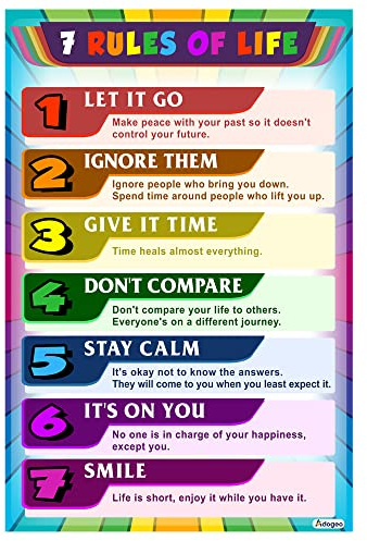 ADOGEO Poster 7 Rules Of Life, motivierende Wandkunst für Kinder und Klassenzimmer, tägliche Bestätigungen, glückliche Zitate und Wachstums-Mindset-Display (30,5 x 45,7 cm)