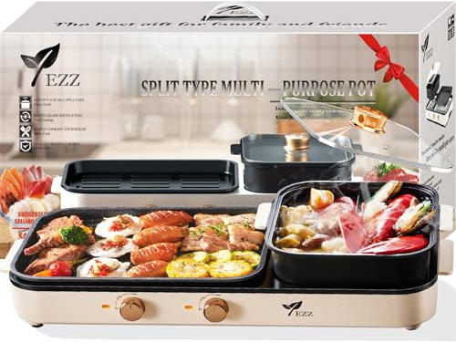 Electric Hot Pot with Grill, Indoor Hot Pot 2 in 1 Multifunction Smokeless Shabu Korean BBQ Grill for Slow Cooking, Separate Dual Temperature Contral 4L Capacity