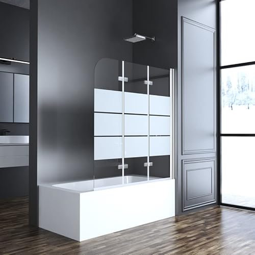 Duschwand für Badewanne 3-teilig 120x140cm Glas Duschabtrennung, Gestreift Faltbar Badewannen Duschtrennwand 5mm EGS Sicherheitsglas, Faltbare Badewannenaufsatz Klappbar Streifenmuster Trennwand