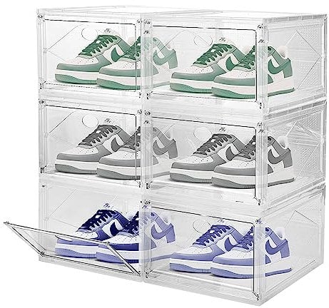 Holdfiturn 6Pcs Shoe Storage Box Stackable,Plastic Shoe Storage Boxes with Magnetic Door, 34cmx27cm x19cm Sturdy Foldable Shoe Organizer Containers for Women/Men, Clear