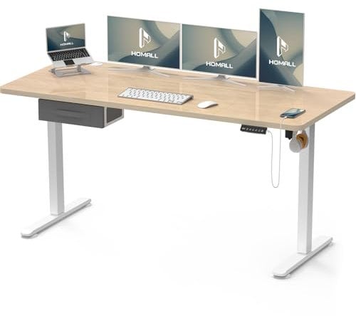 Homall Höhenverstellbarer Schreibtisch mit USB-Buchse 160x70 cm, Computer Stehschreibtisch, Ergonomischer Homeoffice-Tisch (160x70cm, Beige)