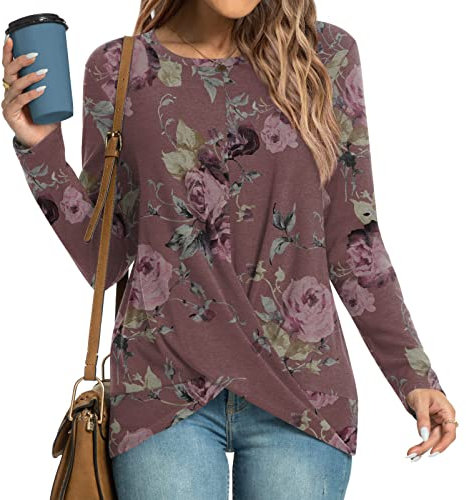 HOTGIFT Womens 2025 Long Sleeve Tunic Tops Casual Front Twist Crewneck T-Shirts Bean-Rose Red XX-Large