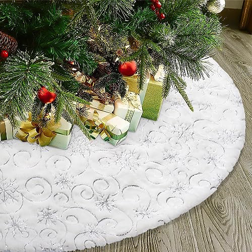 Dremisland Große Weihnachtsbaum Rock 90cm Weiß & Silber Plüsch Weihnachtsbaumdecke Pailletten Schneeflocken Christbaumständer Rund Christbaumdecke Rock Matte für Zuhause Feier Weihnachtsbaum Deko