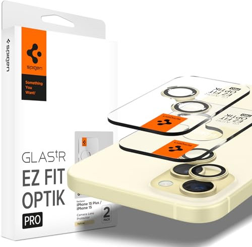 Spigen Glas.tR EZ Fit Optik Pro Kameraschutz kompatibel mit iPhone 15, iPhone 15 Plus, iPhone 14, iPhone 14 Plus, 2 Stück, Gelb, Individuelle Kameraprotektion, Anti-Kratzer, 9H Härte Folie