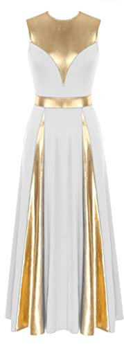 Oyolan Damen Tanzkleid Ärmellos Tanzanzug Glänzend Metallic Ballettkleid Lob Lyrisch Maxikleid Lang Ballettanzug Tanzkleidung Weiß M