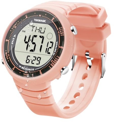 TEKMAGIC Montre Sport Femme Etanche 10 Atmosphères pour Plongée et Piscine avec Chronographe, Réveil, Minuteur, Double Fuseau Horaire, Calendrier, Rétroéclairage, Format 12 ou 24 Heures
