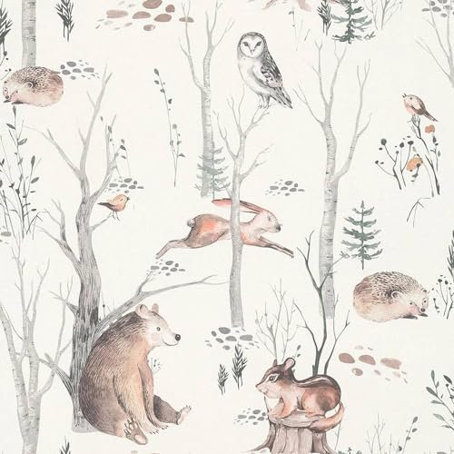 Kids Woodland Walk Wallpaper - Animal Print Naturistic Birds Bear Hedgehogs Trees Leaves - Paste The Wall