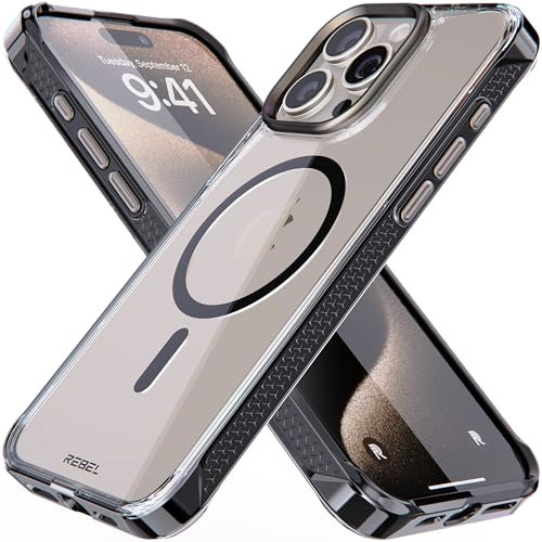 REBEL Klare Hülle für iPhone 15 Pro Max [Crystal Series Gen-5] Stark MagSafe Kompatibel, Anti-Kratzen, Vergilbungsfrei, Schützende Stoßstangen, Metalllinse & Tasten, 6,7 Zoll Telefon 2023 (Schwarz)