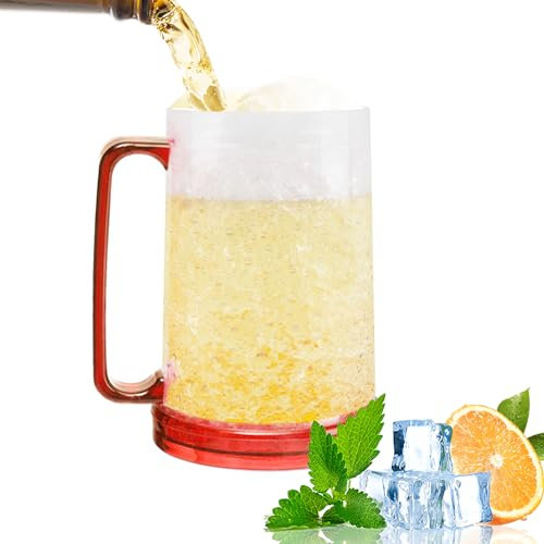 Boccale di Birra Refrigerante, Darryy Bicchieri Freezer Birra, 450 ML Bicchiere Birra Doppia Parete, Boccale Birra in Plastica, Boccali da Birra con Manico, per Mantenere Fresche Bevande (Rosso)