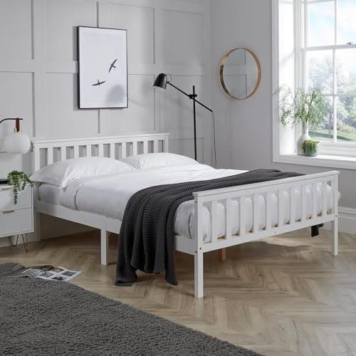 Home Source Florida Solid Wood Shaker Bed Frame, Natural Wood, White, 4ft, Small Double