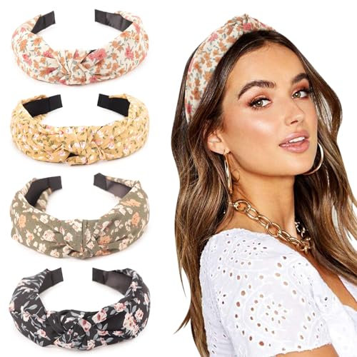 DRESHOW 4 Pezzi Fasce per Donna e Ragazze Fiore Stampato Annodato Plastica Fasce per Capelli Moda Boho Larghe Accessori per Capelli Antiscivolo