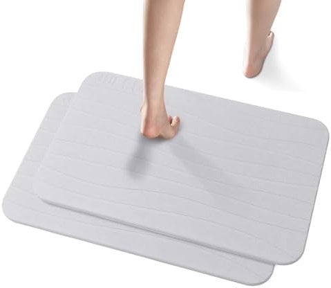 muzha 2 Pack Diatomaceous Earth Shower Mat, Stone Bath Mat, Nonslip Super Absorbent Fast-Drying Hard Bath Mat for Bathroom Shower Floor, 23.62 x 15.35 inch, Striped,Grey
