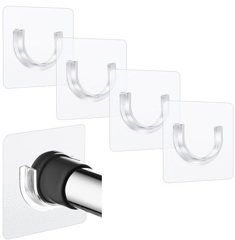 Sibba Lot de 4 supports de tringle de douche adhésifs sans perçage - Crochets de tension transparents - Autocollant de montage mural robuste - Pour armoire de salle de bain