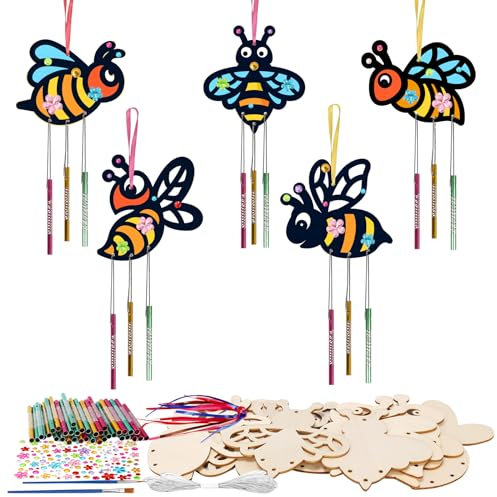 HONMOK Thank You Teacher Gifts from Students, 10 Pack Bee Wind Chime for Kids, Wooden Art Craft Supplies for Pre School Nursery Graduation Parties Activities