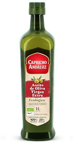 CAPRICHO ANDALUZ Aceite de Oliva Virgen Extra Ecológico PET de 1L– Tamaño Práctico, Ideal para Cocinar, Aliñar o Aderezar tus Ensaladas y Comidas.