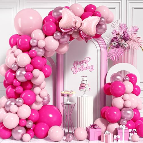 Kit Arche Ballon Rose Vif, 103 Pcs Guirlande Ballons Nœud avec Ballons Rose Métallique pour Fille Princesse Femmes Anniversaire Baby Shower Mariage Bridal Shower Fête Décoration D'Anniversaire