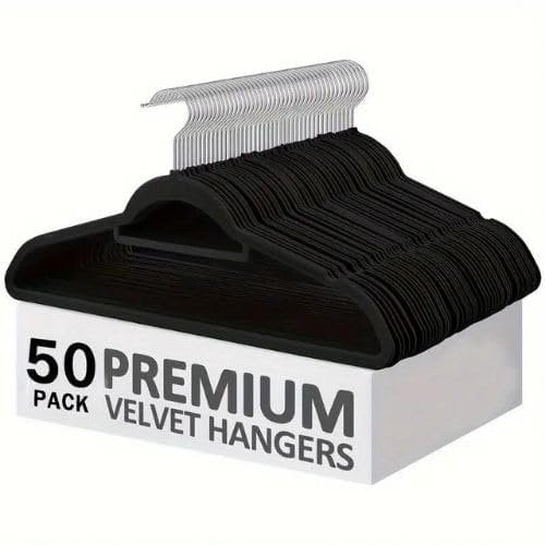 Tento Home Kleiderbügel 50 Stück - Samt Anti-Rutsch Anzugbügel Mit Krawattenhalter - 360° Silver Rotation (Schwarz)