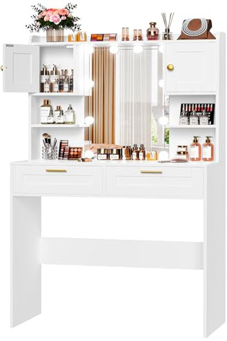 usikey Schminktisch mit LED-Beleuchtung, 3 Farben, Einstellbare Helligkeit, Kosmetiktisch mit Spiegel, Frisiertisch mit 2 Schr?nken und 2 offenen Regalen, 2 Schubladen, Modern,Wei?