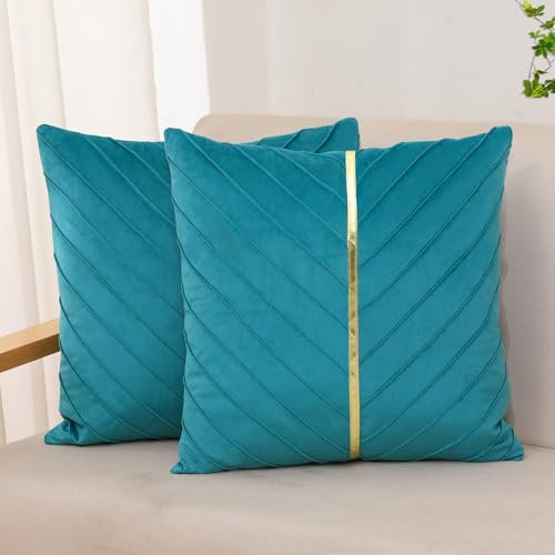 XIEJINJIA 2er Set Samt Kissenbezug mit Gold Leder Kissenhülle Sofakissen Dekorative Dekokissen Zierkissenbezüge für Couch Schlafsofa Wohnzimmer Schlafzimmer 45 x 45 cm Aquagrün