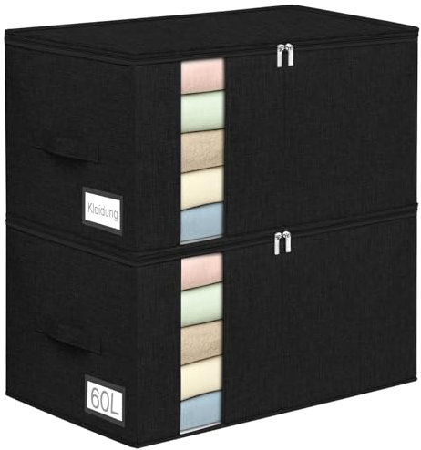 Huquter 60L Große Kleidung Aufbewahrungsbox Stoff mit Reißverschlüssen, Seiten- und Bodenschutz, 2er-Pack Aufbewahrungstasche für Bettdecken Kleidung Decken Bettdecken Kissen Bettwäsche Griff