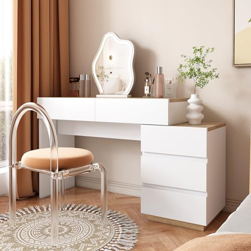Schminktisch mit 5 Schubladen, 5 Universale Schreibtisch, Spanplatte Frisiertisch, Funktion von Aufbewahrung für Schlafzimmer, Wohnzimmer, Büro, Hocker, Schlafzimmermöbel Jugendzimmer Kinderzimmer
