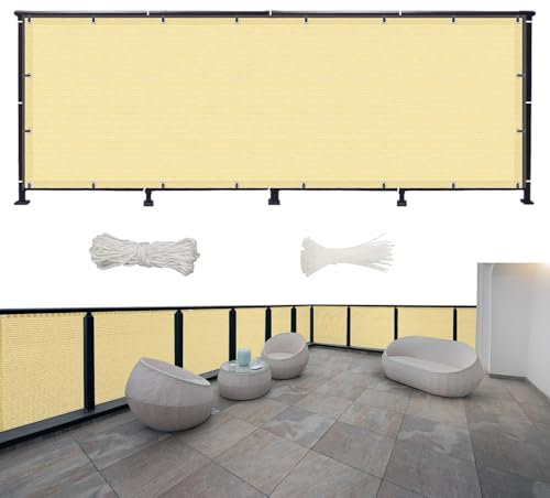 Brise Vue Jardin, Brise Vue 850 x 60 cm Vent Protection UV Résistant, Brise Vue Balcon Paravent de Balcon de Jardin, avec Attaches de Câble et Cordons, pour Balcon, Porches, Jaune Sable
