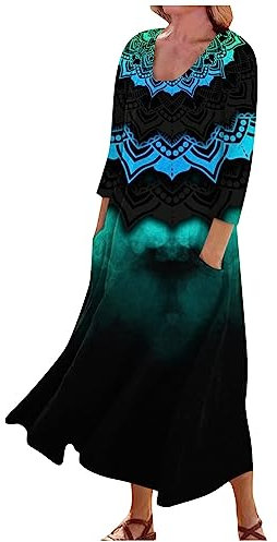 Kleid Damen Kleider Ab 50 Jahre Leichte Freizeitkleid Mit Taschen Blumen 3/4-Arm Tunika Kleid Abendkleid Damen Cocktailkleid Etuikleid Damen Elegant Brautjungfernkleider Lang Summer Dress(1-Black,M)