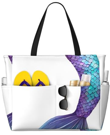 Gfhwpxcnb Sac de plage imprimé queue de sirène pour femme, sac fourre-tout imperméable avec fermeture éclair pour voyage, shopping, piscine, salle de sport, Noir , Taille unique