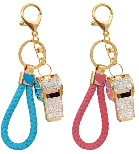 AIFUDA 2 x Pfeifenschlüsselanhänger, Kristall-Strass-Pfeife mit Kette für Tasche, Zubehör, Anhänger, Geldbörse, Charm, Handtasche, Dekoration, Ornamente, Pink/Blau, 18 * 11 * 12.5