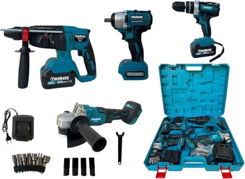 Kit 4 in 1 Trapano Avvitatore con Percussione + Flex Smerigliatrice Angolare + Svitabulloni Avvitatore impulsi + Martello Tassellatore SDS-PLUS 2 Batterie da 68V Motore Brushless Valigetta