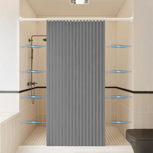 Haoyunll Anti Schimmel Duschvorhang, Grau, 150x200cm | Wasserdichter Faltstoff für Begehbare Duschen, Waschbare Magnetische Duschvorhänge mit Haken