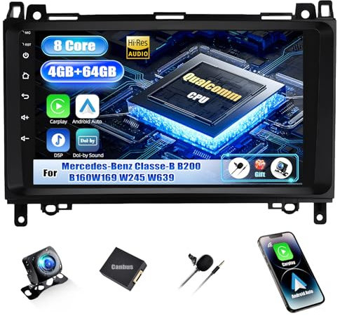 SIXWIN Qualcomm 8 Core 4+64G Android 15 Autoradio mit CarPlay/Android Auto für Mercedes-Benz W169 W245 B160 B170 Vito Viano W906 Sprinter,9 Zoll Touchscreen mit WiFi GPS Bluetooth FM/RDS