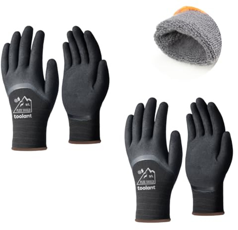 toolant 2 Pairs Winter Work Gloves for Men & Women, 3/4 Waterproof Freezer Gloves with Dual-Layer Latex Coating, Thermal Insulated for Cold Weather, Grip, Touchscreen, L, Black