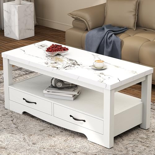 Luban Nese Couchtisch, 101,6 cm, Marmor und weiße Eiche, 2-stöckig, rechteckig, verdickter Holz-Mitteltisch für Wohnzimmer, mit Schubladen, kleiner Raum, einfache Montage, Wohnmöbel (Aufbewahrung